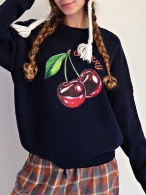 198. CHERRY PRINT PULLOVER SWEATER TOP
